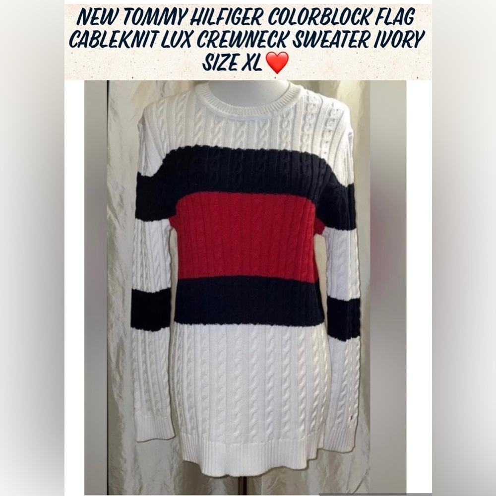 🎉HP🎉New Tommy Hilfiger Colorblock Flag CableKnit Lux Crewneck Sweater Ivory XL🇺🇸